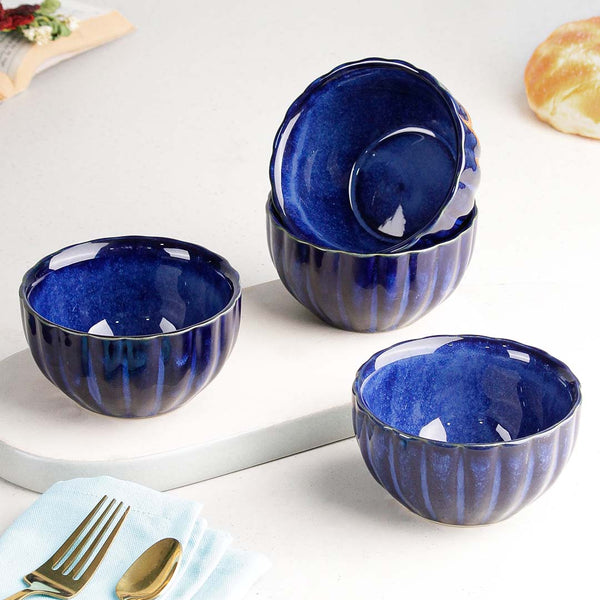 Blue Ribbed Ceramic Bowl Set of 4, 320ML